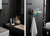 Wall-Mounted Bathroom Shelf with Hooks No-Drill Self-Adhesive Dual Compartment Storage Shelf - Image 7