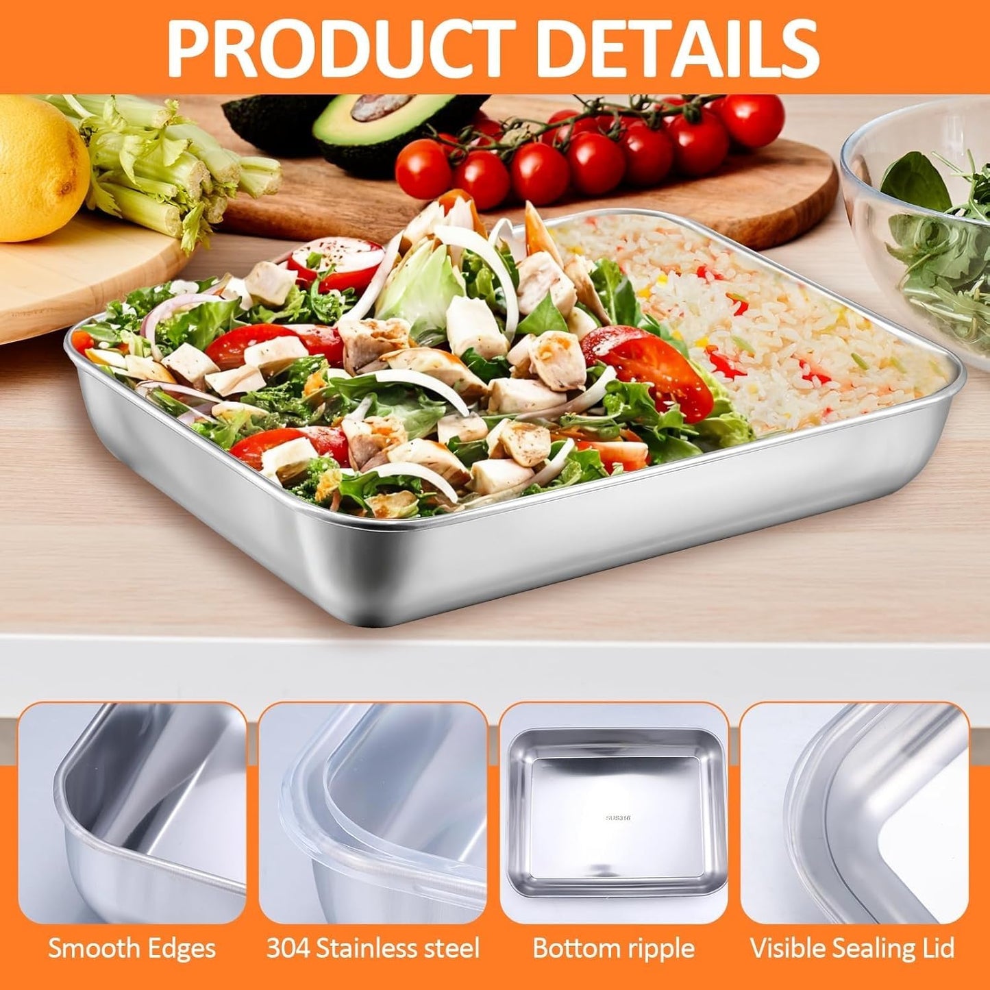 Non Stick Stainless Steel Baking Pan Food Storage Box with Cover