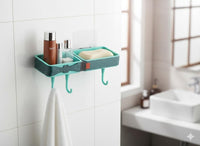 Wall-Mounted Bathroom Shelf with Hooks No-Drill Self-Adhesive Dual Compartment Storage Shelf - Image 6